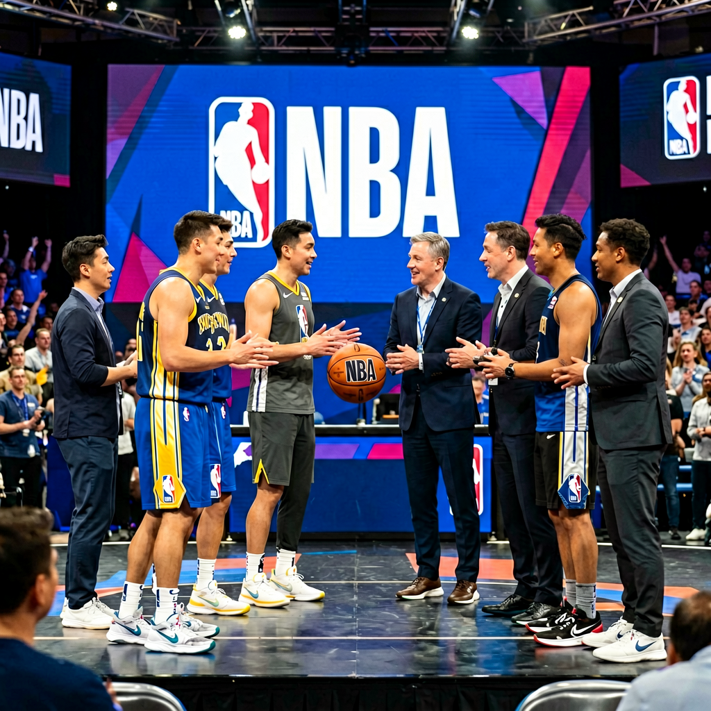 NBA选秀大会现场，球员与球队管理层在舞台上交流